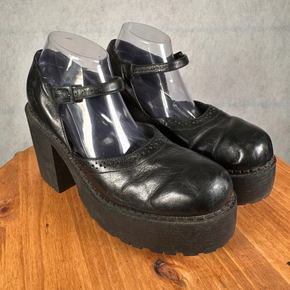 Riverstone Industrial Vintage Y2K Mary Jane Heels Womens 10 Black Platform Lug
